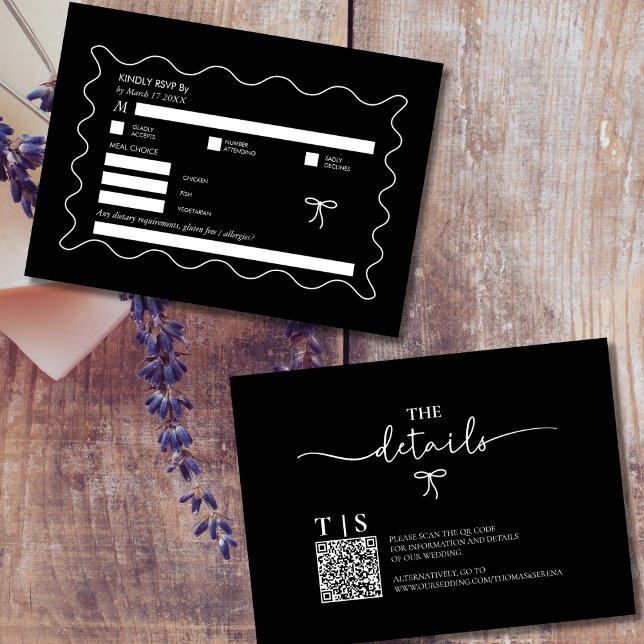Black & White Monochrome Wavy Curve QR Code RSVP Card (Creator Uploaded)