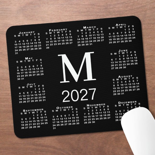 Black White Monogram 2027 Calendar Mouse Mat (Black White Monogram 2027 Calendar Mouse Pad in situ)