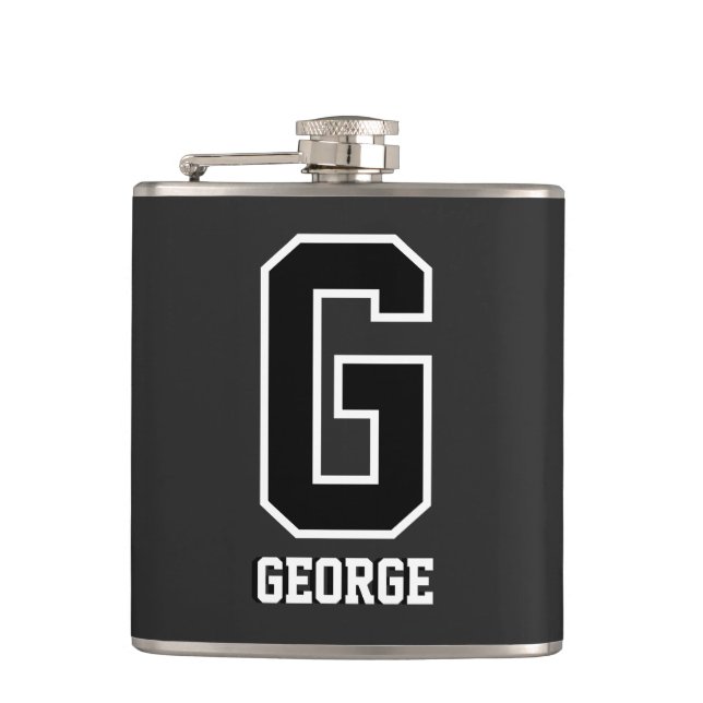 Black White Monogram | Bold Modern Sporty Hip Flask (Front)