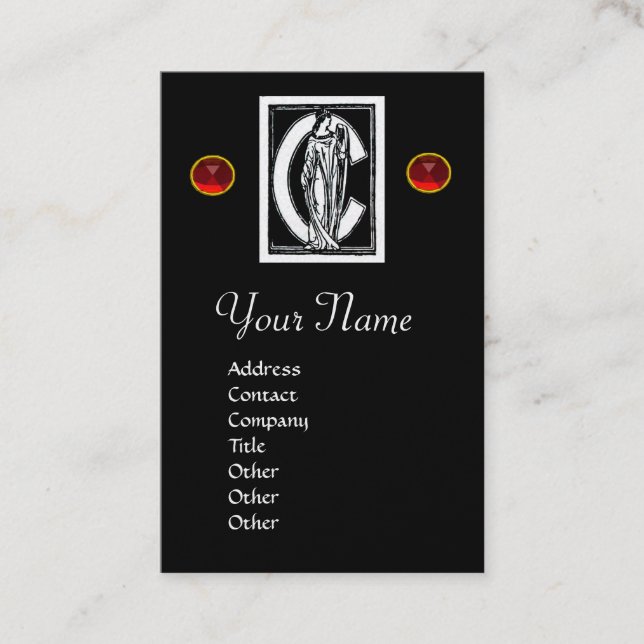 BLACK WHITE MONOGRAM C LETTER,RED RUBY GEM Pearl Business Card (Front)