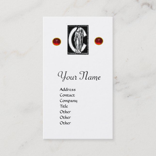BLACK WHITE MONOGRAM C LETTER,RED RUBY GEM Pearl Business Card (Front)