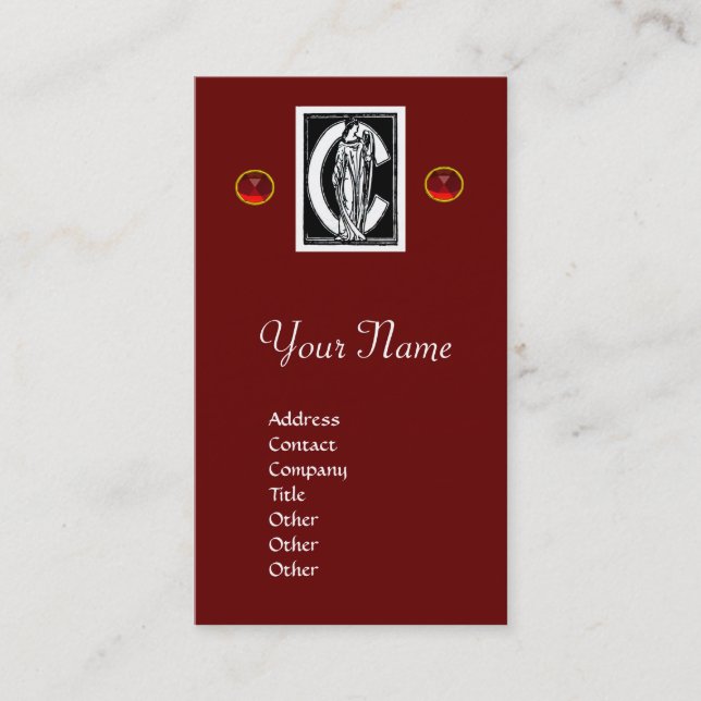 BLACK WHITE MONOGRAM C LETTER,RED RUBY GEMSTONES BUSINESS CARD (Front)