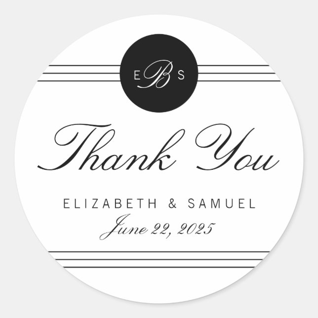 Black White Monogram Circle Thank You Stickers (Front)