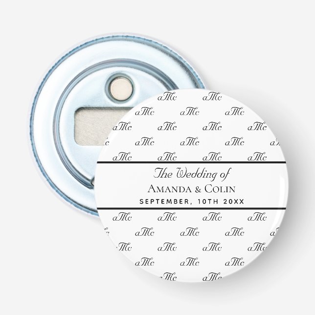 Black white monogram couple initials wedding bottle opener (Front)