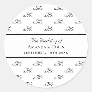 Black white monogram couple initials wedding classic round sticker