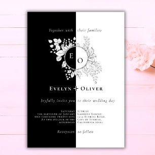 Black White Monogram Crest Elegant Floral Wedding Invitation