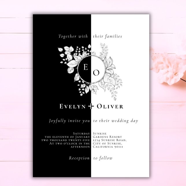 Black White Monogram Crest Elegant Floral Wedding Invitation (Creator Uploaded)