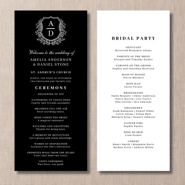 Black White Monogram Crest Wedding Program (Creator Uploaded)