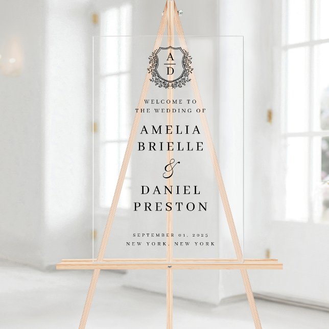 Black White Monogram Crest Wedding Welcome Sign (Creator Uploaded)