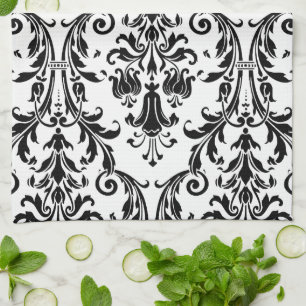 Black White Monogram Customise Name Floral Damask Tea Towel