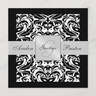 Black & White Monogram Damask Border Invitation