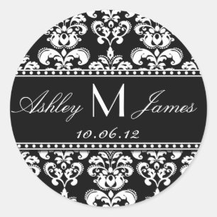 Black White Monogram Damask Save the Date Stickers