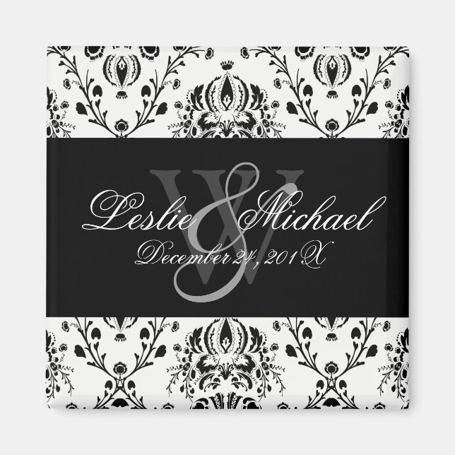 Black + White Monogram Damask Wedding, Magnets (Front)