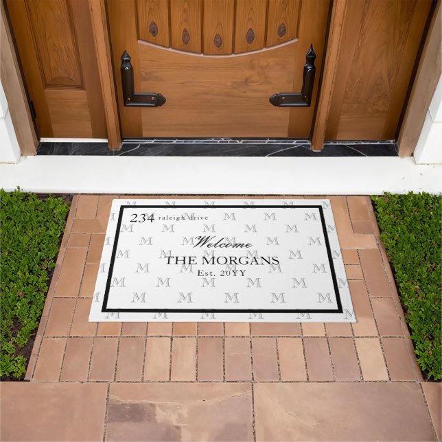 Black White Monogram Family Name House Number Doormat (Outdoor)