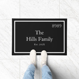 Black White Monogram Family Name House Number Doormat