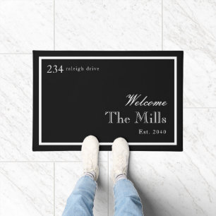 Black White Monogram Family Name House Number Doormat