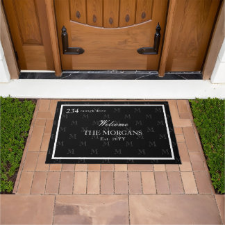 Black White Monogram Family Name House Number Doormat