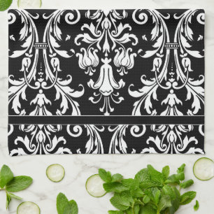 Black White Monogram Floral Swirl Damask Tea Towel