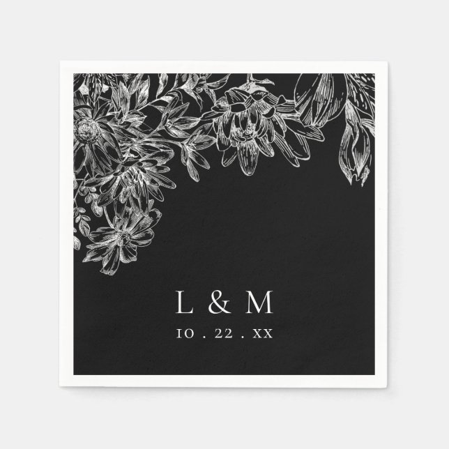 Black White Monogram Floral Wedding Napkins (Front)