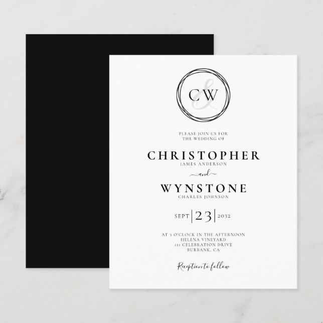 Black White Monogram Gay Wedding Invitation (Front/Back)