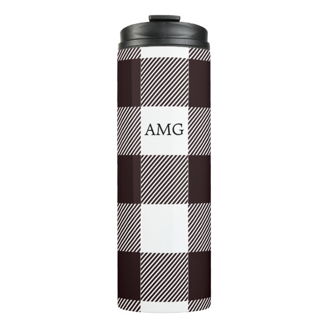 Black & White Monogram Gingham Plaid Pattern Thermal Tumbler (Front)