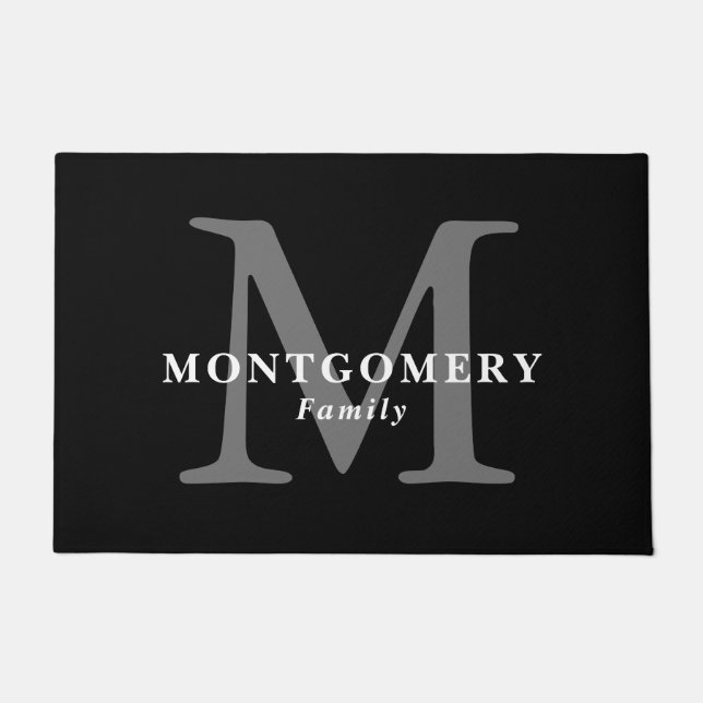 Black White Monogram Grey Elegant Chic Family Name Doormat (Front)
