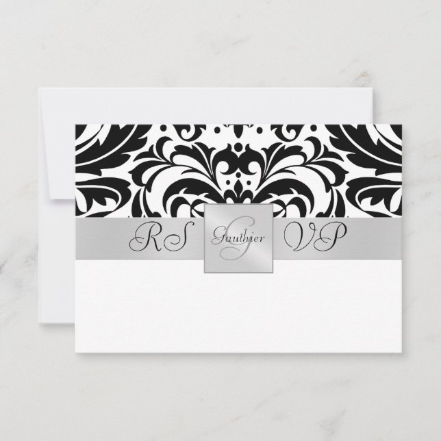 Black & White Monogram Half Damask RSVP Invitation (Front)
