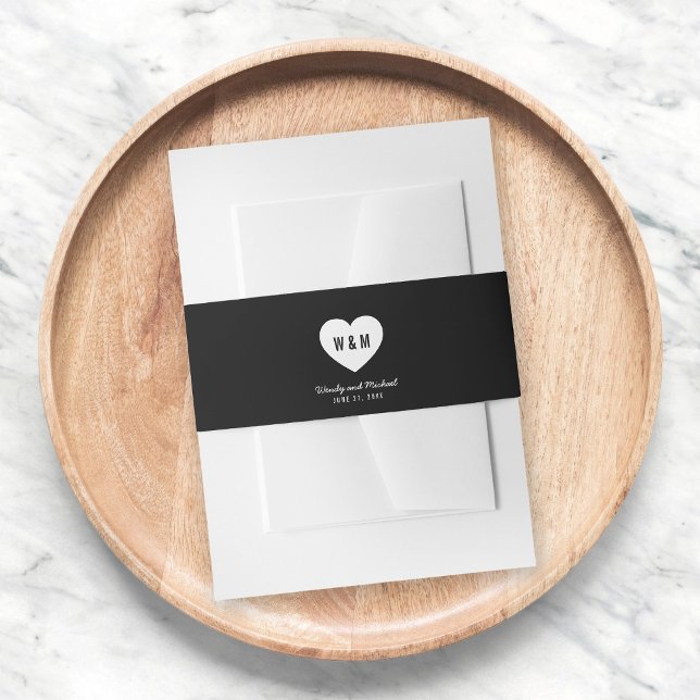 Black & White Monogram Heart Wedding Invitation Belly Band (Creator Uploaded)