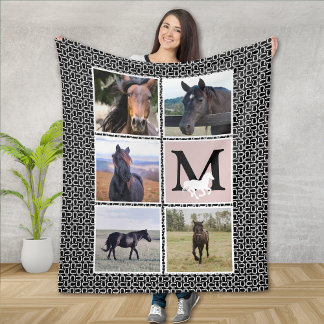 Black White Monogram Horse Photo Fleece Blanket