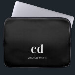 Black white monogram initails name minimalist laptop sleeve<br><div class="desc">A classic chic black background. Personalise and add your monogram initials written with white block letters and your name in white. Modern,  trendy and simple.</div>
