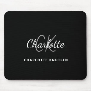 Black white monogram initails name minimalist mouse mat