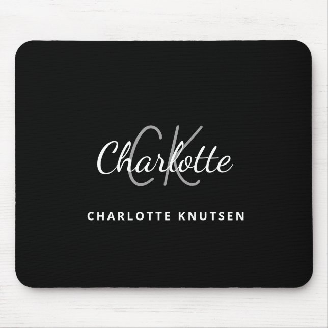 Black white monogram initails name minimalist mouse mat (Front)