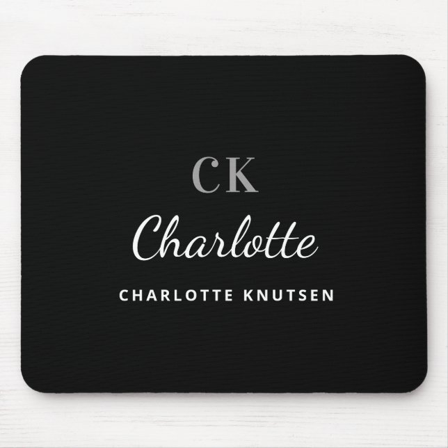 Black white monogram initails name mouse mat (Front)