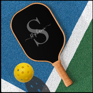 Black White Monogram Initial First Name Modern Pickleball Paddle