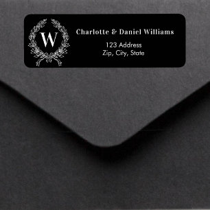 Black white monogram initial wreath return address
