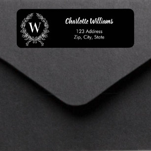 Black white monogram initial wreath return address