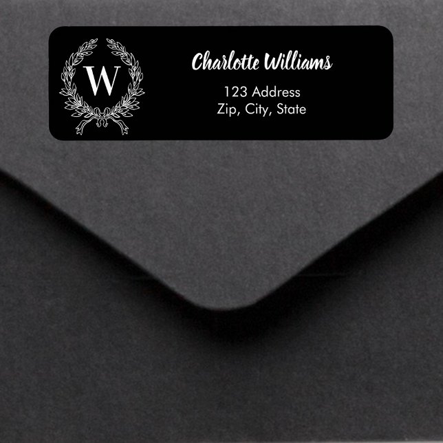 Black white monogram initial wreath return address (Creator Uploaded)