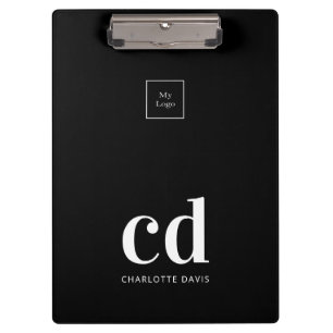 Black white monogram initials business logo clipboard