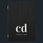 Black white monogram initials elegant modern iPad pro cover<br><div class="desc">Black background,  and white text. Personalise and add your monogram initials and a name.  For both him and her. Minimalist and modern!</div>