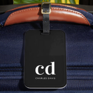 Black white monogram initials elegant modern luggage tag