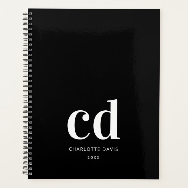 Black white monogram initials elegant planner (Front)