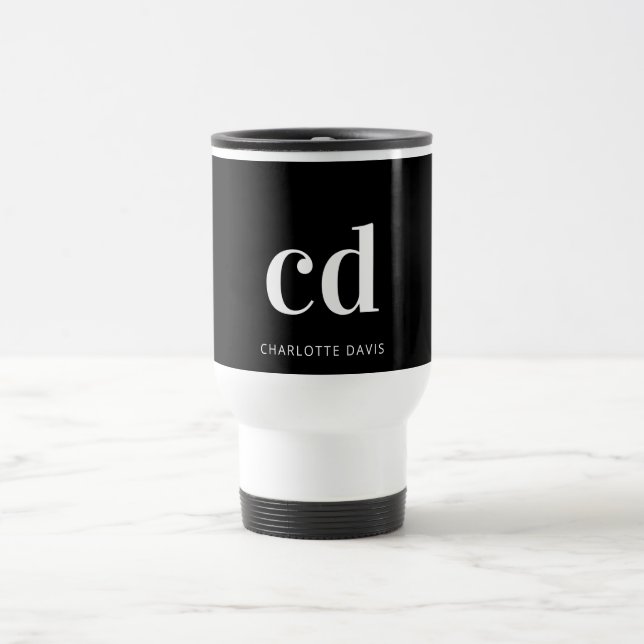 Black white monogram initials minimalist travel mug (Center)