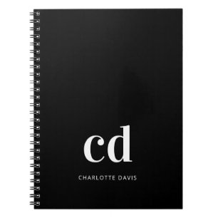 Black white monogram initials modern custom notebook