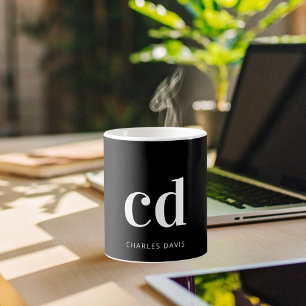 Black white monogram initials modern men coffee mug