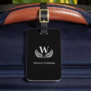 Black white monogram initials name classic  luggage tag