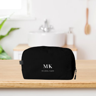 Black white monogram initials name dopp kit