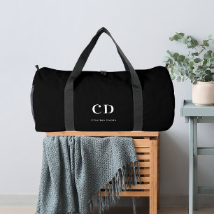 Black white monogram initials name duffle bag