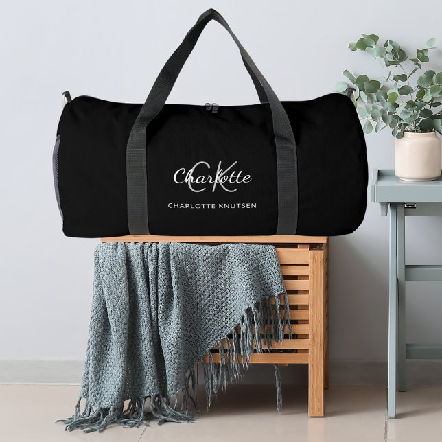 Black white monogram initials name duffle bag (Creator Uploaded)