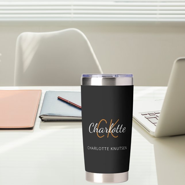 Black white monogram initials name insulated tumbler (Creator Uploaded)