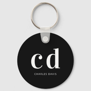 Black white monogram initials name minimalist key ring